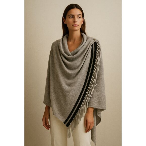 Cullen 100% Cashmere Gray Fringe Poncho Sweater Quiet Luxury Elegant XL - Picture 1 of 13